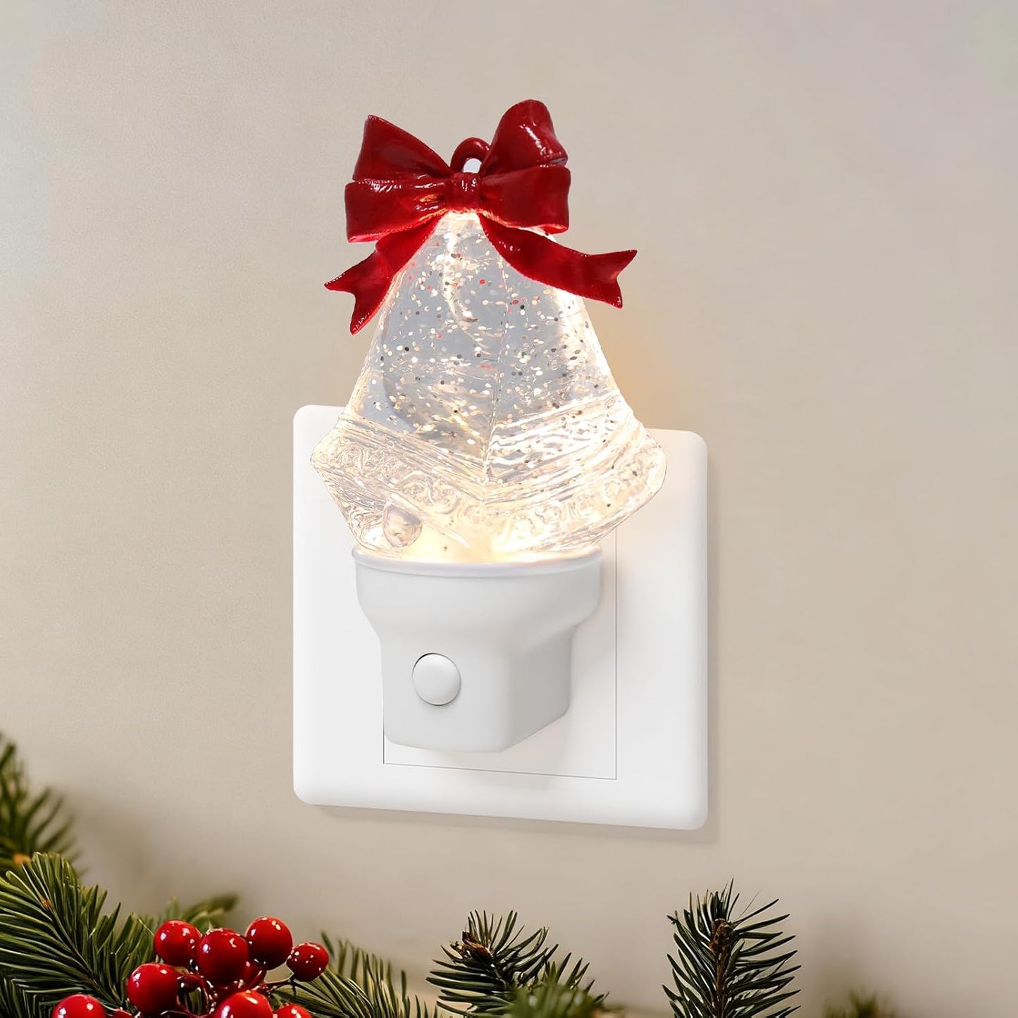 Christmas Bell Night Light Plug into Wall Glitter Water Nightlight with USB/Outlet Options, Christmas Decorative Nightlight for Bedroom Kitchen Nursery Hallway Holiday Decorations Gifts (Bell)