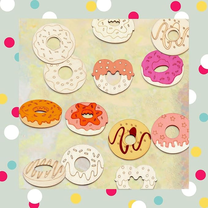 100 Pcs Unfinished Wood Cutouts Donut Wooden Shapes Dessert Wood Crafts