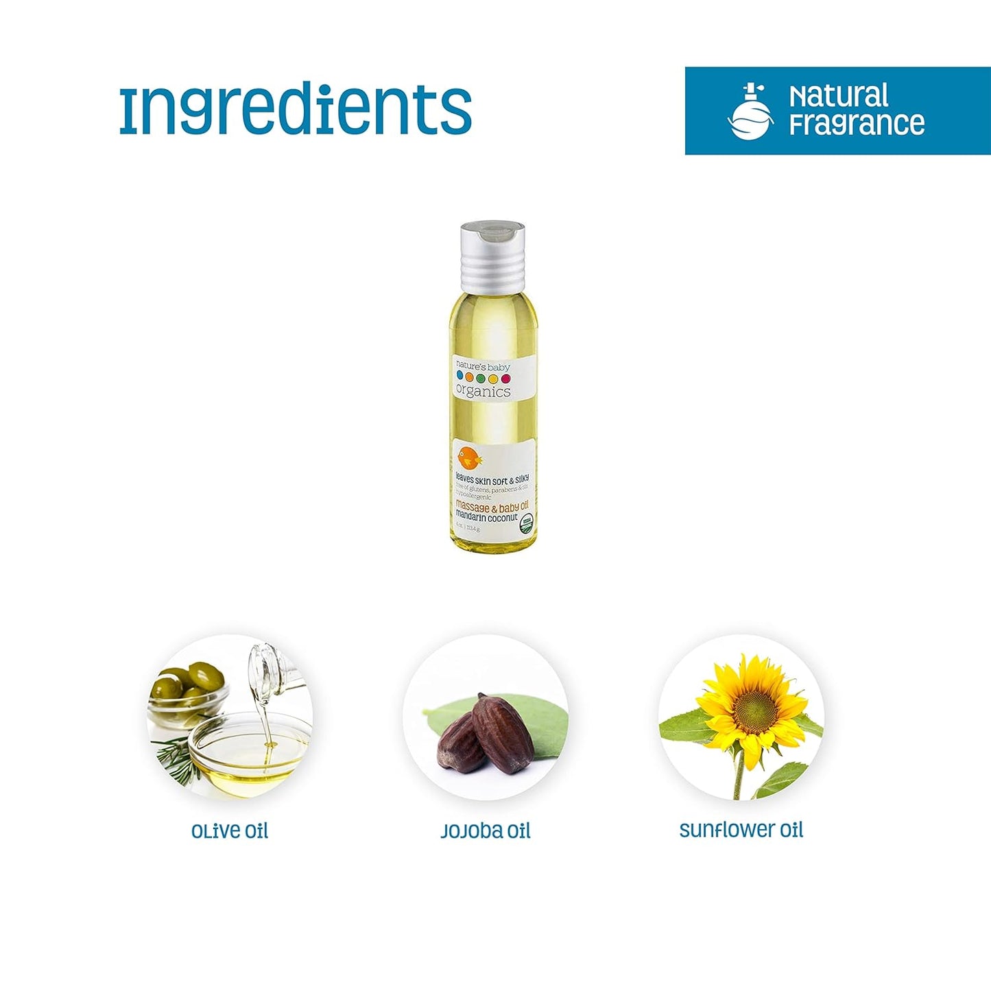 Nature's Baby Organics Baby Oil - Soothing & Hydrating Baby Oil - No Mineral Oil & Non-Greasy - Soft & Healthy Skin - Massage Oil for Newborn & Kids - Sunflower & Olive Oil - Mandarin Coconut - 4 oz