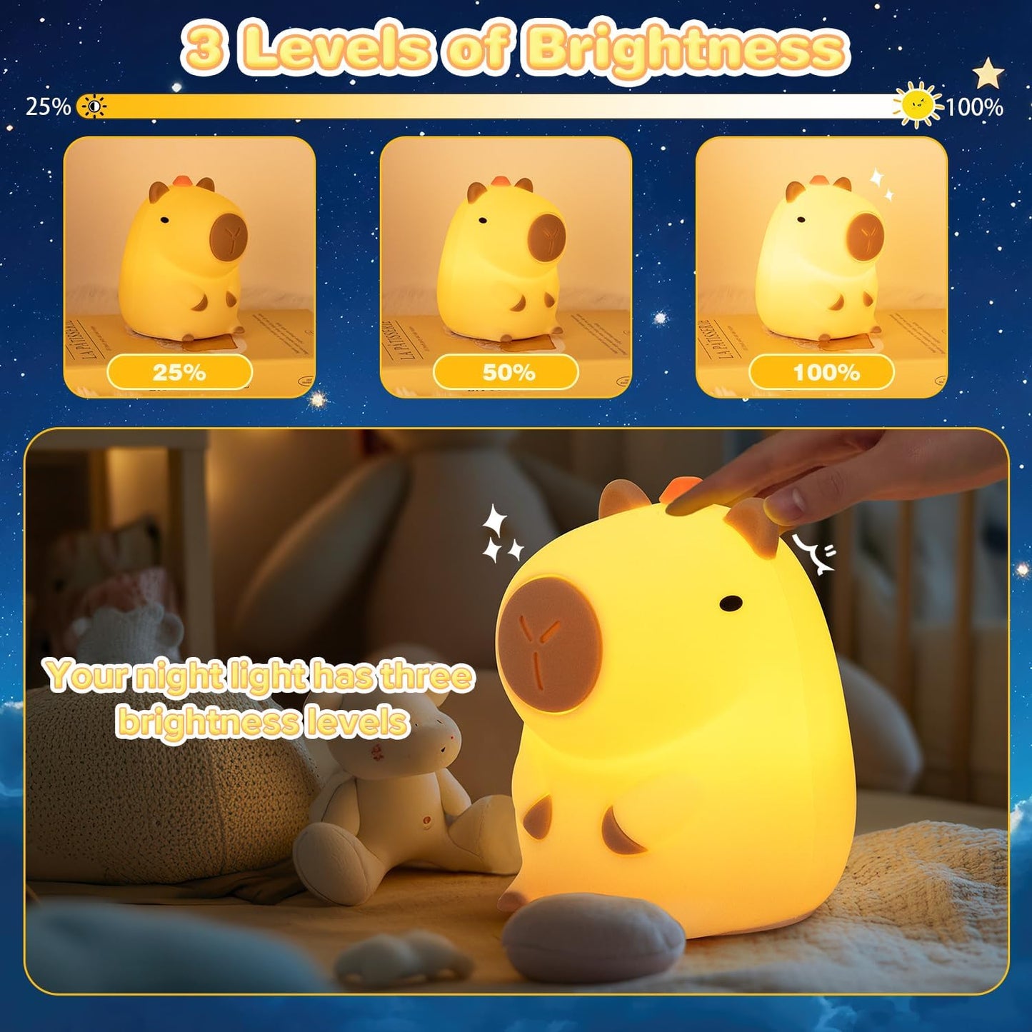 Night Light for Kids, Rechargeable Dimmable Silicone LED Nightlight with 7 Colors, Baby Nursery Night Lamp, Touch Squishy Lamp, Cute Gifts for Girls, Boys, Toddler Room Decor, Capybara