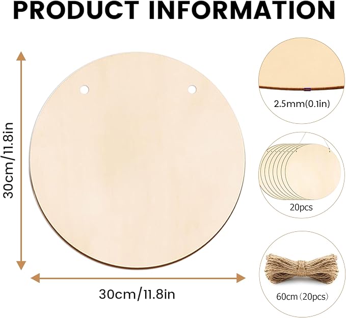 20 Pack Wood Circles for Crafts 12 inch Blank Round Door Signs