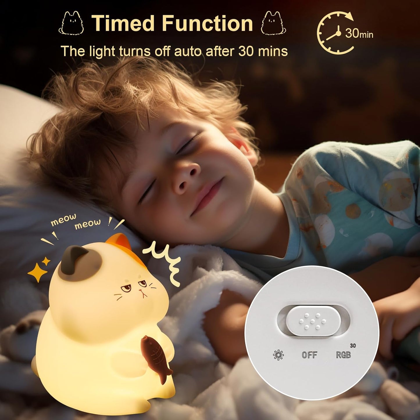Greedy Cat Night Light for Kids, 3 Levels Dimmable Cute Kitty Nursery Nightlight with Touch Color Change, Squishy Silicone Rechargeable Bedside Lamp for Baby/Pregnant Mom/Elderly/Adults