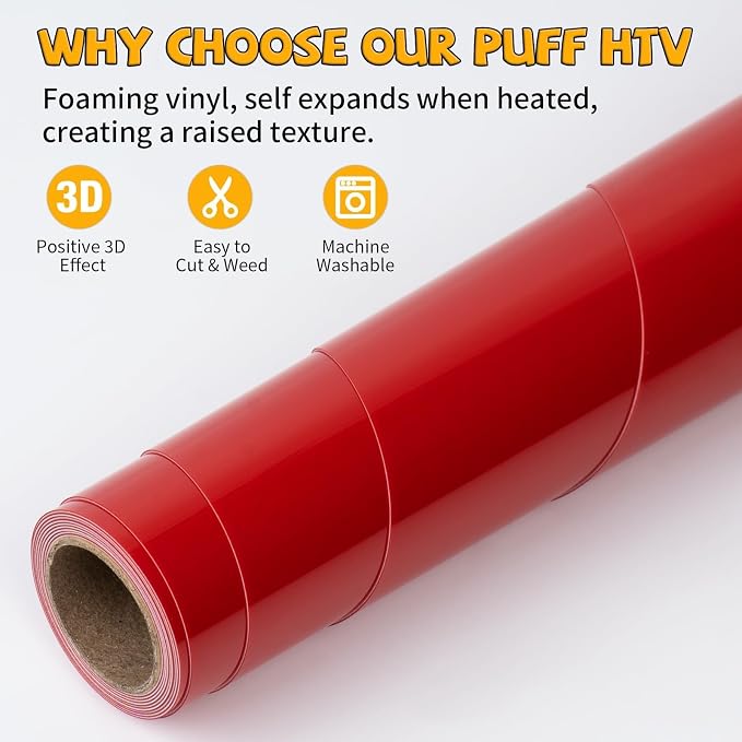 VinylRus Puff Heat Transfer Vinyl-12” x 5ft Red Heavy Duty Puff Iron on Vinyl