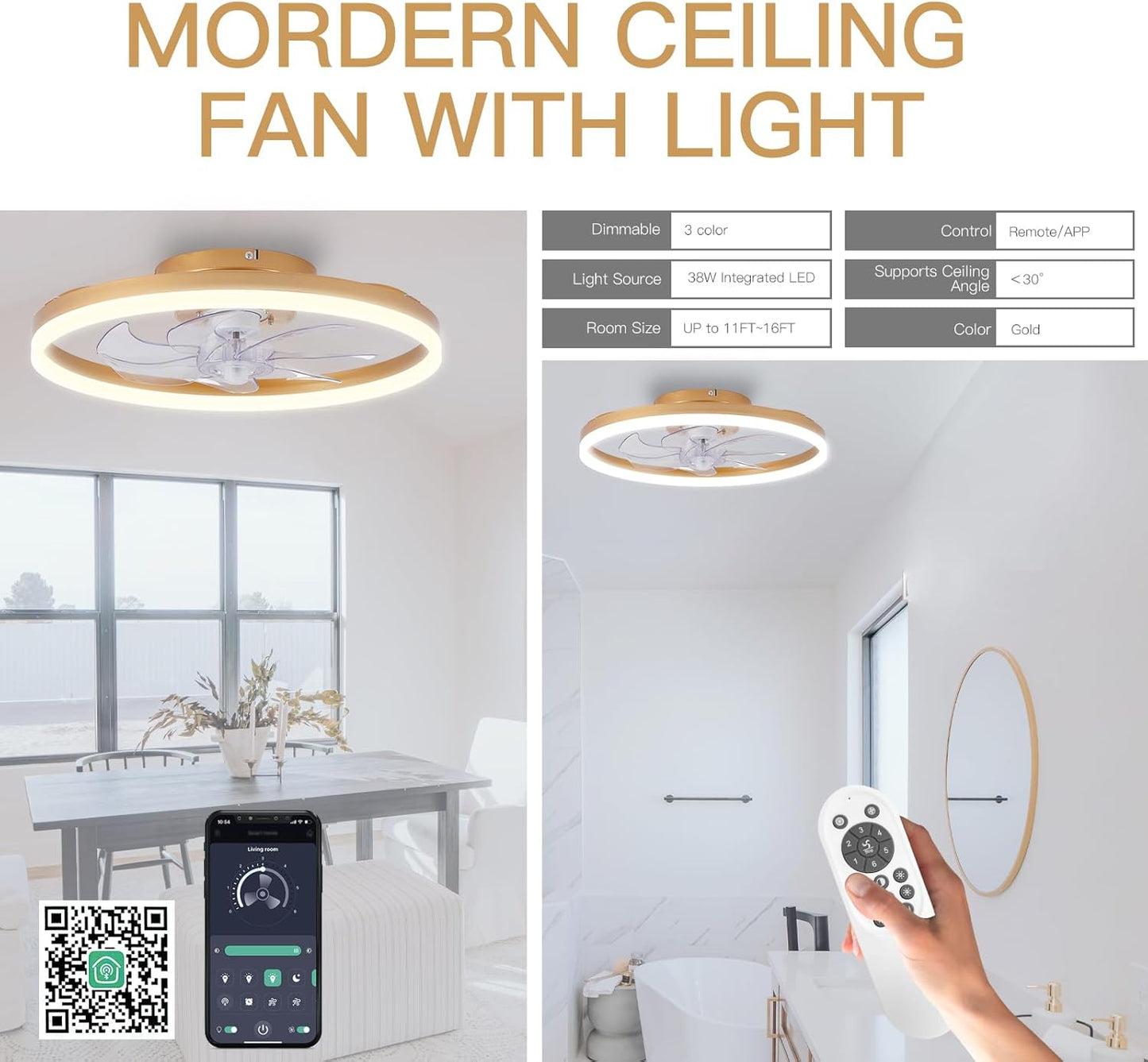 STERREN Modern Gold Ceiling Fans with Lights,20" Dimmable Flush Mount Low Profile Ceiling Fans with Remote Control,Indoor Smart Ceiling Fan with Light for Bedroom