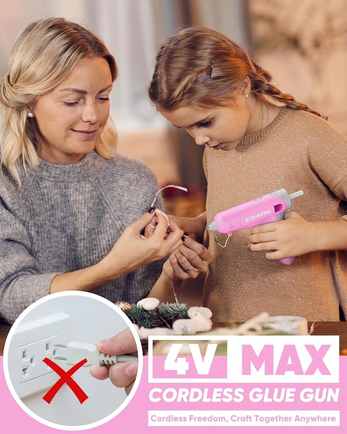 4V Pink Cordless Hot Glue Gun Kit, 30-Piece Glue Sticks | 2600mAh Built-In