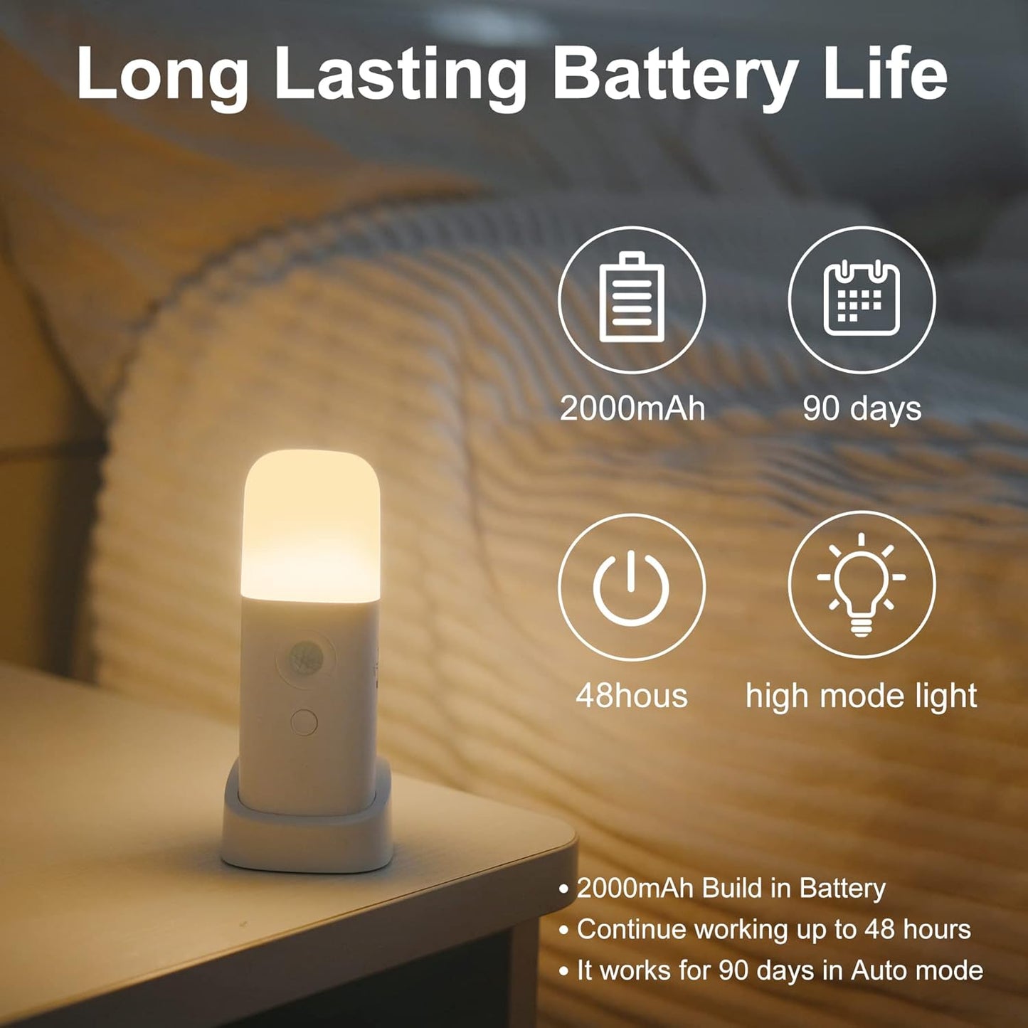 YELKO Motion Sensor Night Light, 2000mAh Rechargeable Night Lights Battery Powered, Portable Dimmable Nightlights with 5 Brightness Levels for Kids,Adults(Cool White 2Pack)