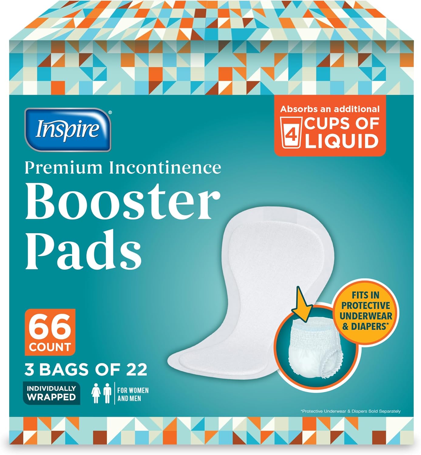Inspire Ultra Absorbency Incontinence Booster Pads | Absorbs Over 4 Cups! | for Women or Men, Adhesive Strip Use in Incontinence Underwear and Diapers Leak-Free (66 Count)
