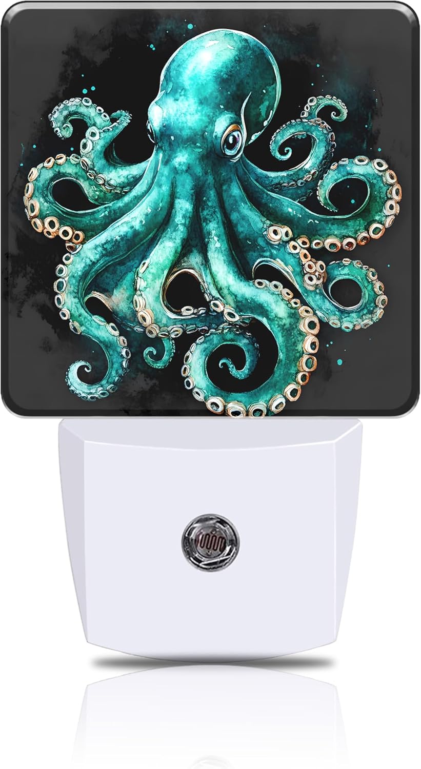 Green Octopus Night Light, Ocean Sea Animal Plug-in Nightlight with Dusk to Dawn Auto Sensor for Home Bedroom Hallway Kitchen 0.5W Sleep Friendly Led Lamp for Women Men