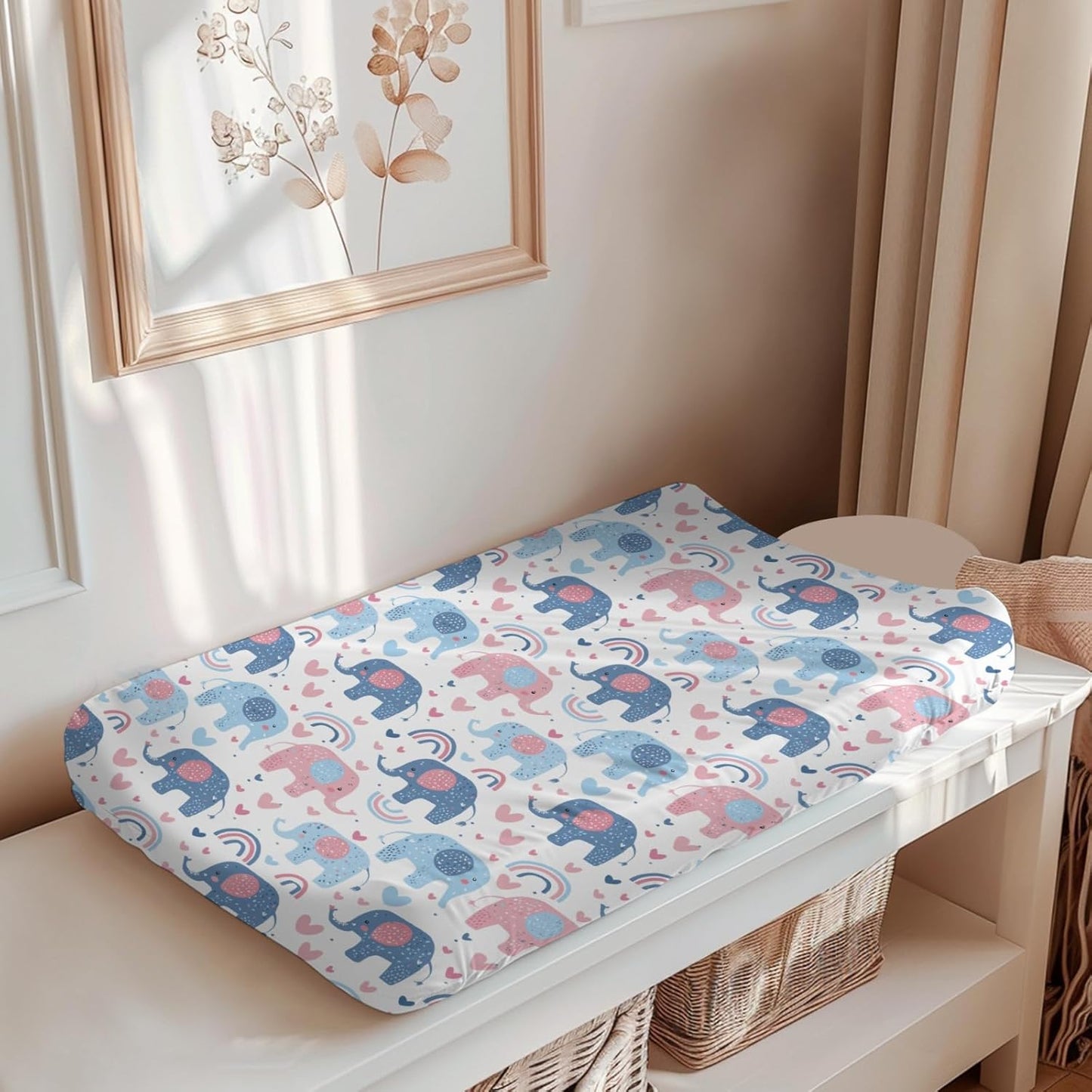 Soft 2 Pack Cartoon Elephant Rainbow Pattern Baby Changing Pad Covers for Infant Newborn, Unisex African Safari Animals Nursery Fitted Diaper Changing Table Pad Mat Sheets for Boys Girls-16x32