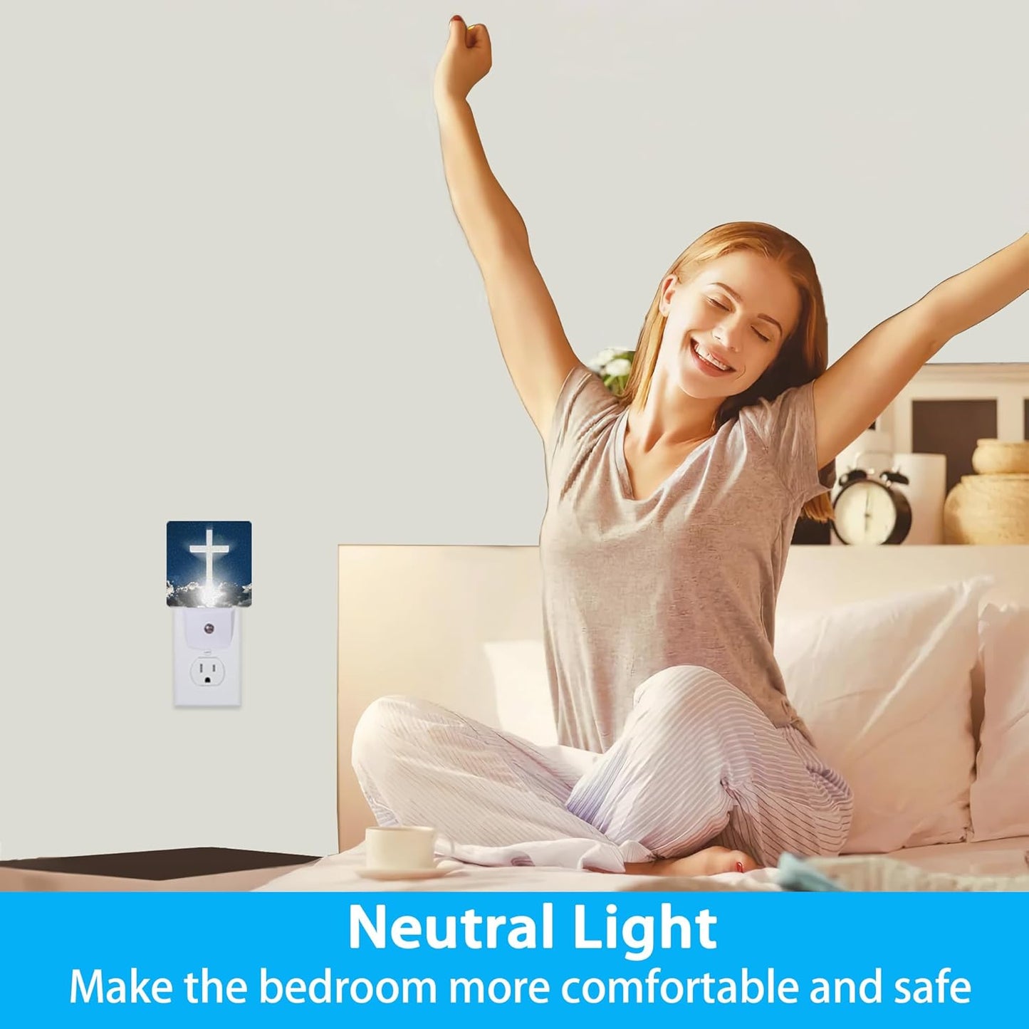 Blessed Night Light,White Cross in Heaven Night Lights Plug into Wall Dusk to Dawn Sensor Led Lamp for Women Men,Led Lights for Stairway/Hallway/Bedroom,0.5W