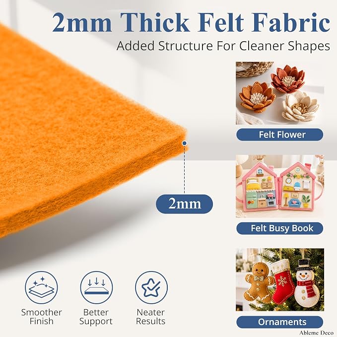 12" x 12" Felt Sheets for Crafts, 2mm Stiff Felt Fabric, Polyester Felt Squares