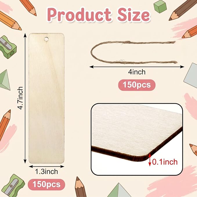 Cididu 150 Pieces Wood Blank Bookmark, DIY Wooden Craft Bookmark