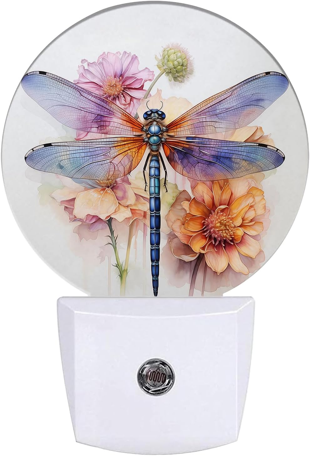 Dragonfly Night Light Watercolor Floral Night Lights LED Lamp Round Plug into Wall Nightlight with Dusk to Dawn Sensor Home Hallway Stairway Kitchen Decor