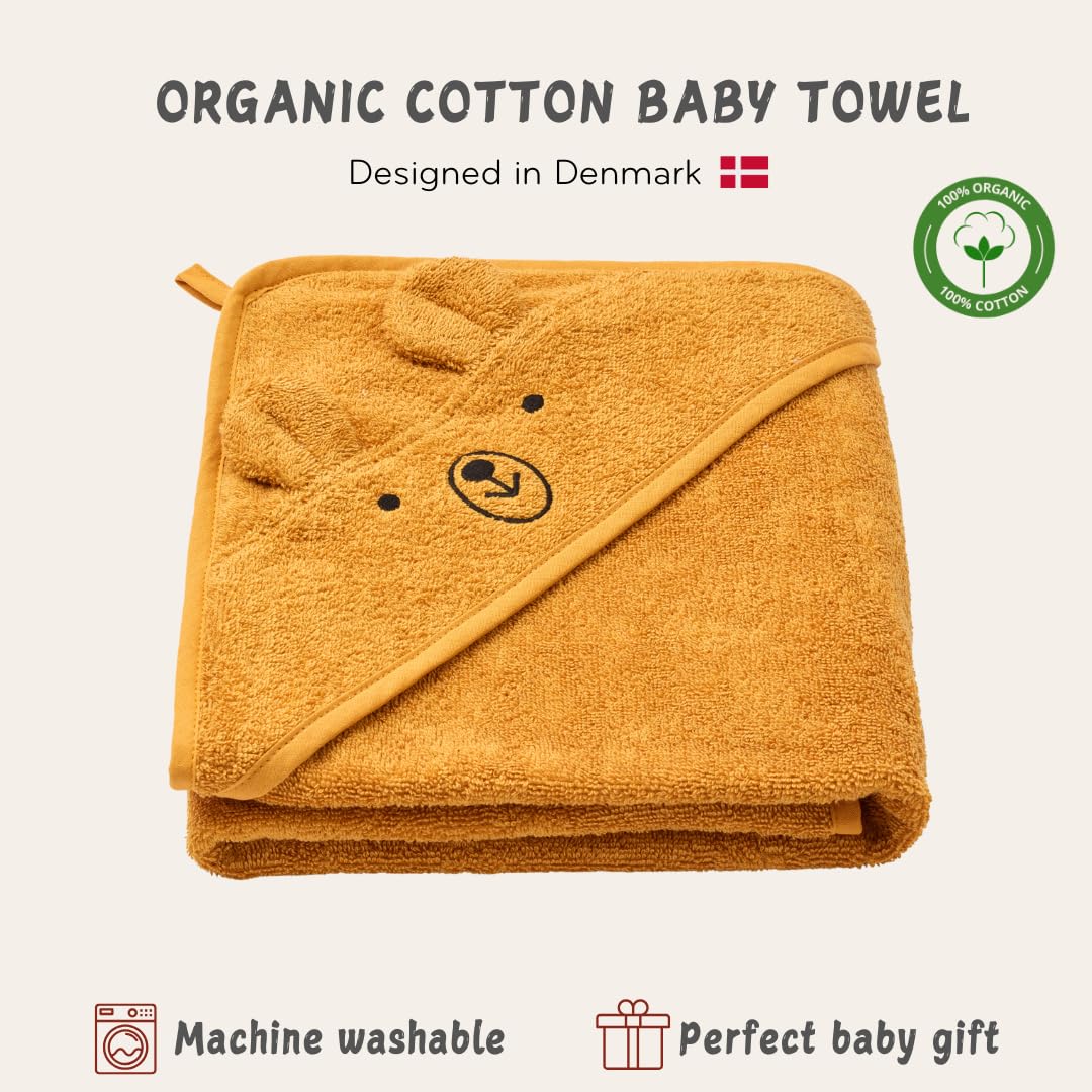 Organic Cotton Baby Hooded Towel 32' x 32' Super-Soft & Absorbent Baby Towel for Newborn (Bear - Autumn Yellow)