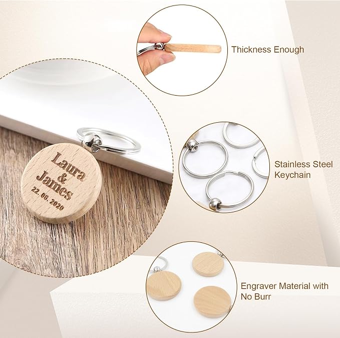 Blank Wooden Keychain Set 100 Pcs 1.5 Inch Round Key Tag | Engraving Blanks