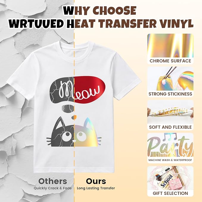 Holographic Gold Metallic Foil Heat Transfer Vinyl, Chrome HTV Easy to Cut &