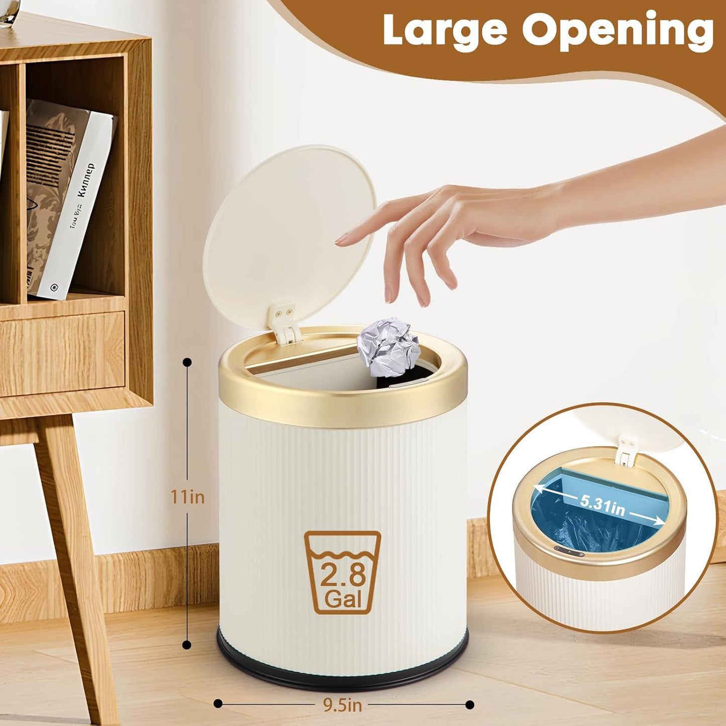 Automatic Motion Sensor Bathroom Trash Can with Lid, 2.8 Gallon Touchless Trash Garbage Bin Small Mini Trash Cans Trashcan -White