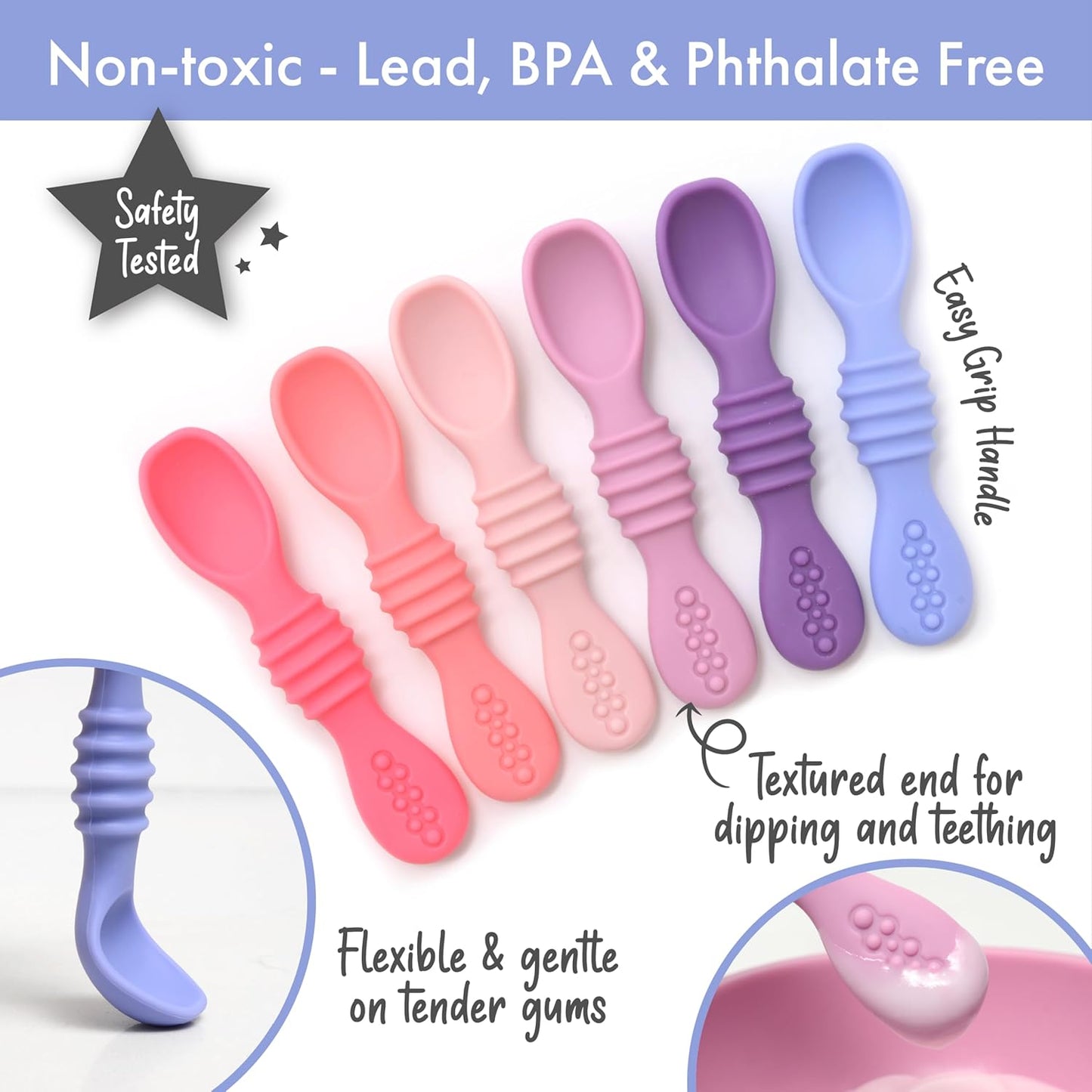 PrimaStella Silicone Chew Spoon Set for Babies and Toddlers - Safety Tested - BPA Free - Microwave, Dishwasher and Freezer Safe - Rosy Shades