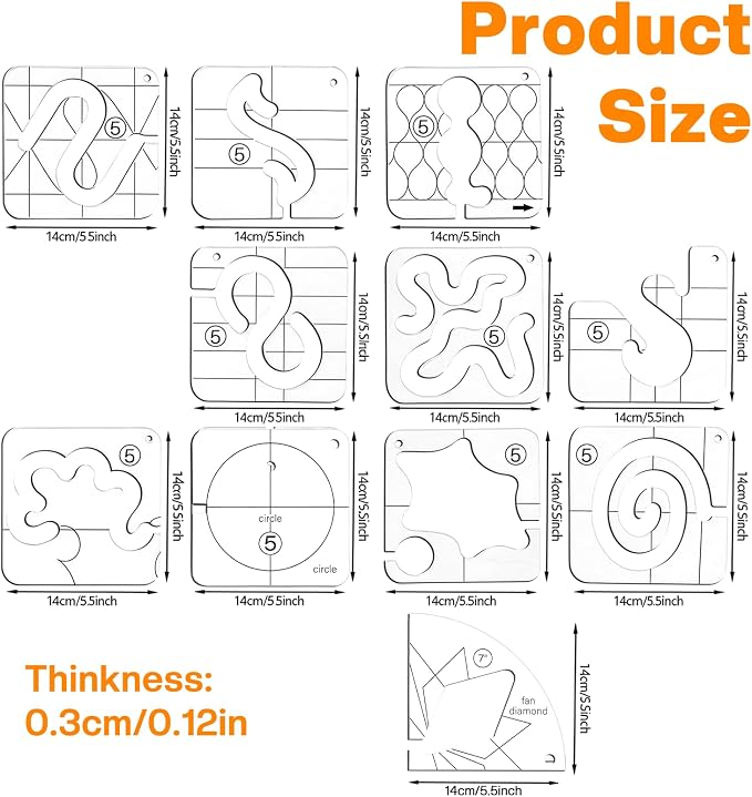 14 PCs Free Motion Quilting Template Set Includes 11 Quilting Templates 3mm