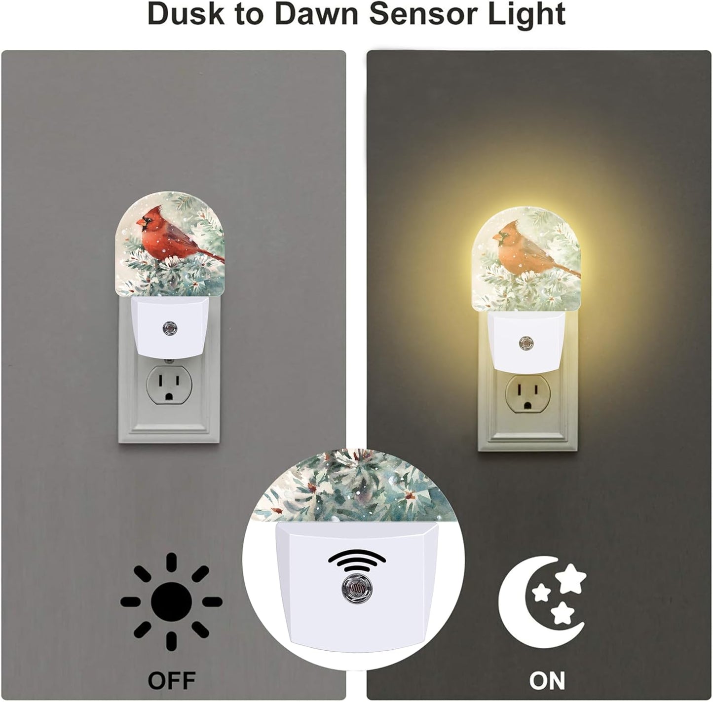 Winter Cardinal Pine Tree Night Light, Christmas Snow Red Cardinal Dusk to Dawn Night Light Plug in,0.5w Energy Saving Sleep Friendly NightLight for Kids Boys Girls Home Decor