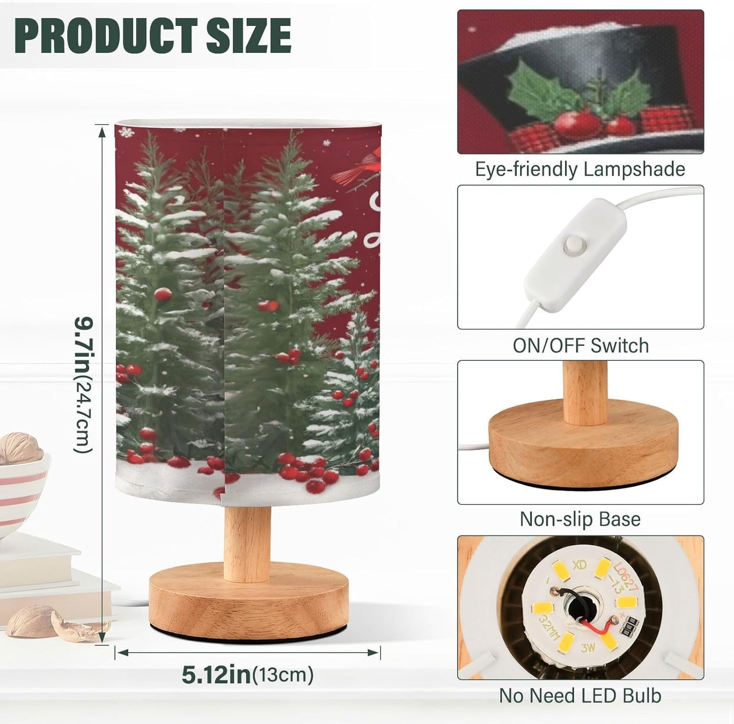 Dussdil Christmas Snowmen Cardinals Trees Table Lamp Bedroom Bedside Night Reading Desk Lamps Cylinder Nightstand Sleeping Light Lamp for Xmas Party Living Room Office Decor