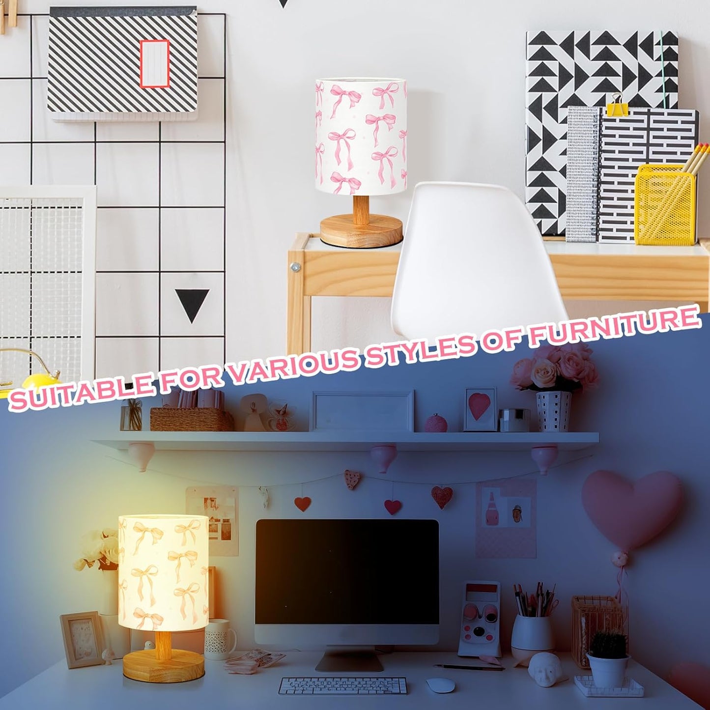 VIHOSE Bow Kids Table Lamp for Bedroom Kids Bedside Lamp with Linen Wooden Nightstand Cartoon Nursery Lampshade for Girls Boys Living Room