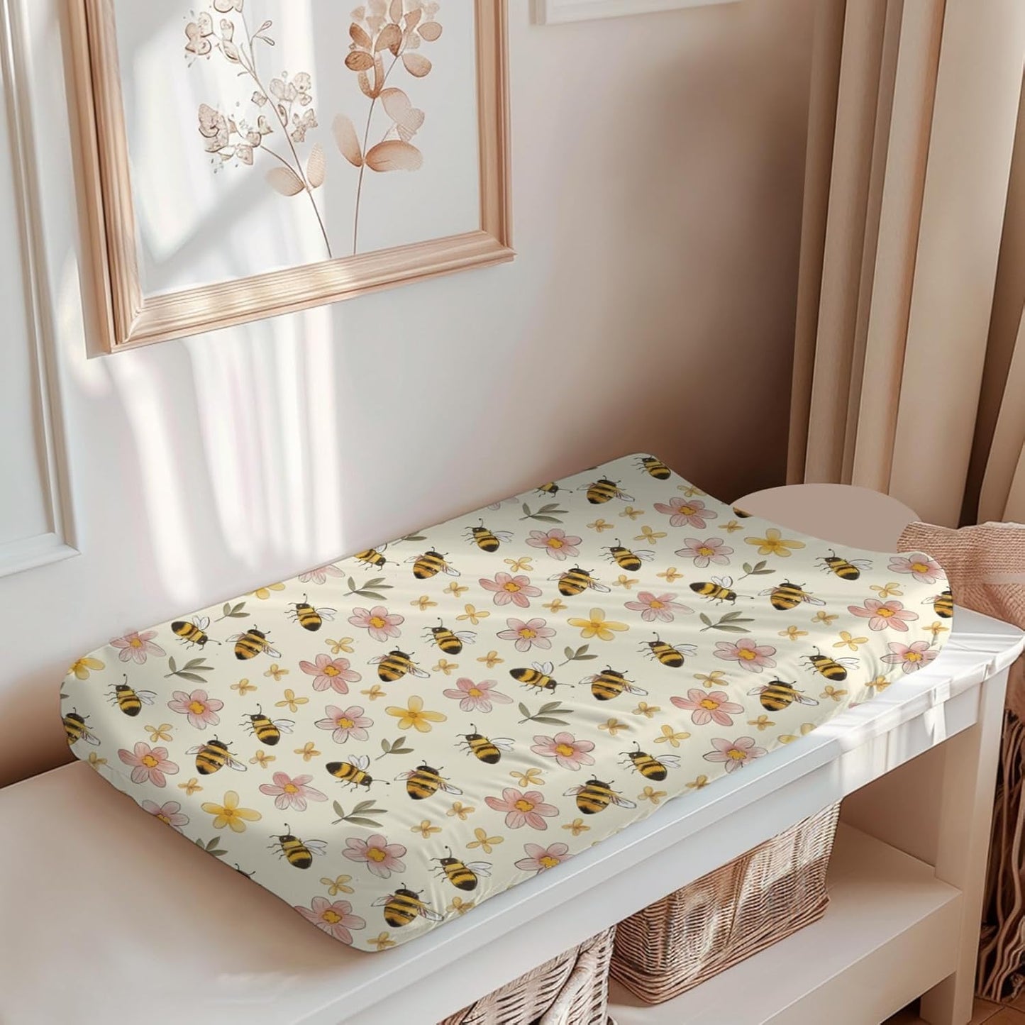 Soft 2 Pack Cartoon Spring Bee Flowers Floral Pattern Baby Changing Pad Covers for Infant Newborn, Unisex Bee Nursery Fitted Diaper Changing Table Pad Mat Sheets for Boys Girls-16x32