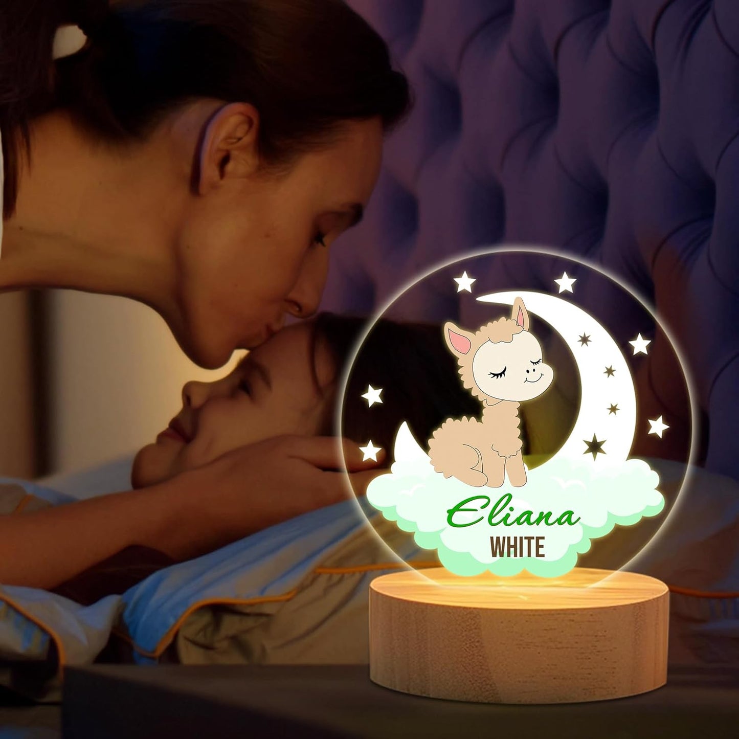 callie Acrylic Night Light Name Plate Personalized, Custom Cute Animal Dog Cat with Wooden Base Bedroom Decor, Birthday Gifts Kid Gifts for Family (Dreamy Moon Forest)