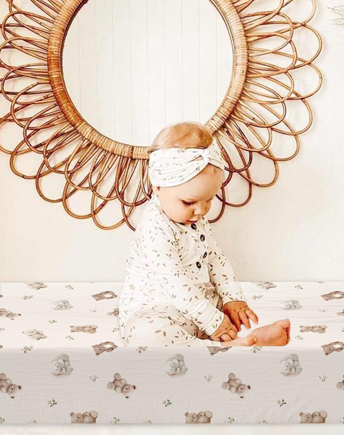 Changing Pad Cover for Baby Boy Girl 2 Pack, Muslin Changing Table Pad Covers with Boho Style, Neutral Nursery Bedding Essentials Soft and Breathable (Teddy & Friends)