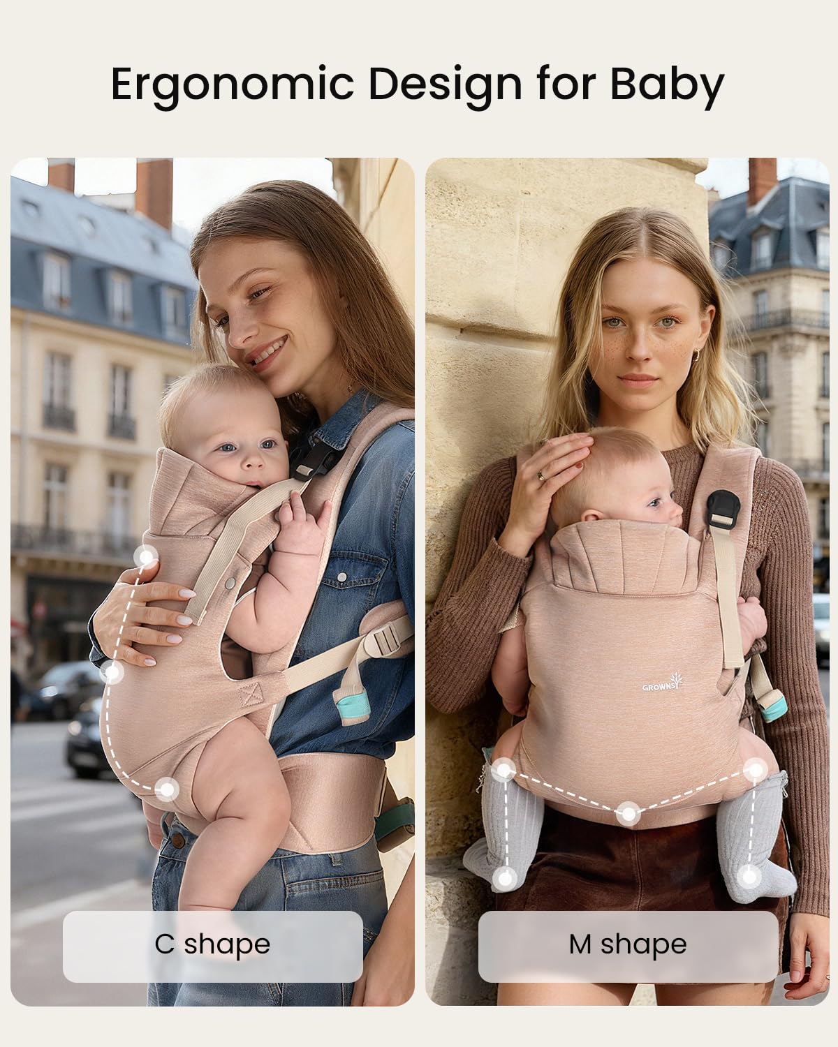 Grownsy Baby Carrier Newborn to Toddler (7-44lbs), Ergonomic & Cozy Wraps with One-Click Buckle, Head Support for Hands-Free Comfort, Dusty Pink