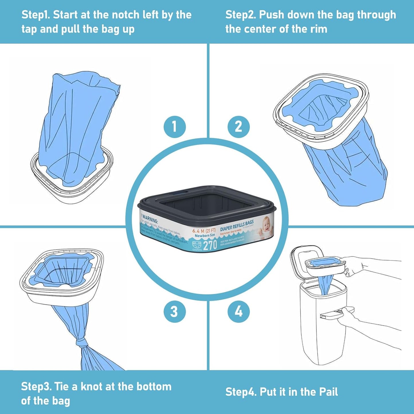 Standard Square Refills Disposal Bags Refill Compatible with Diaper Genie Classic, Compact and Select Pails, Hold Up to 270 Newborn-Sized Diapers Per Refill, Pack of 6