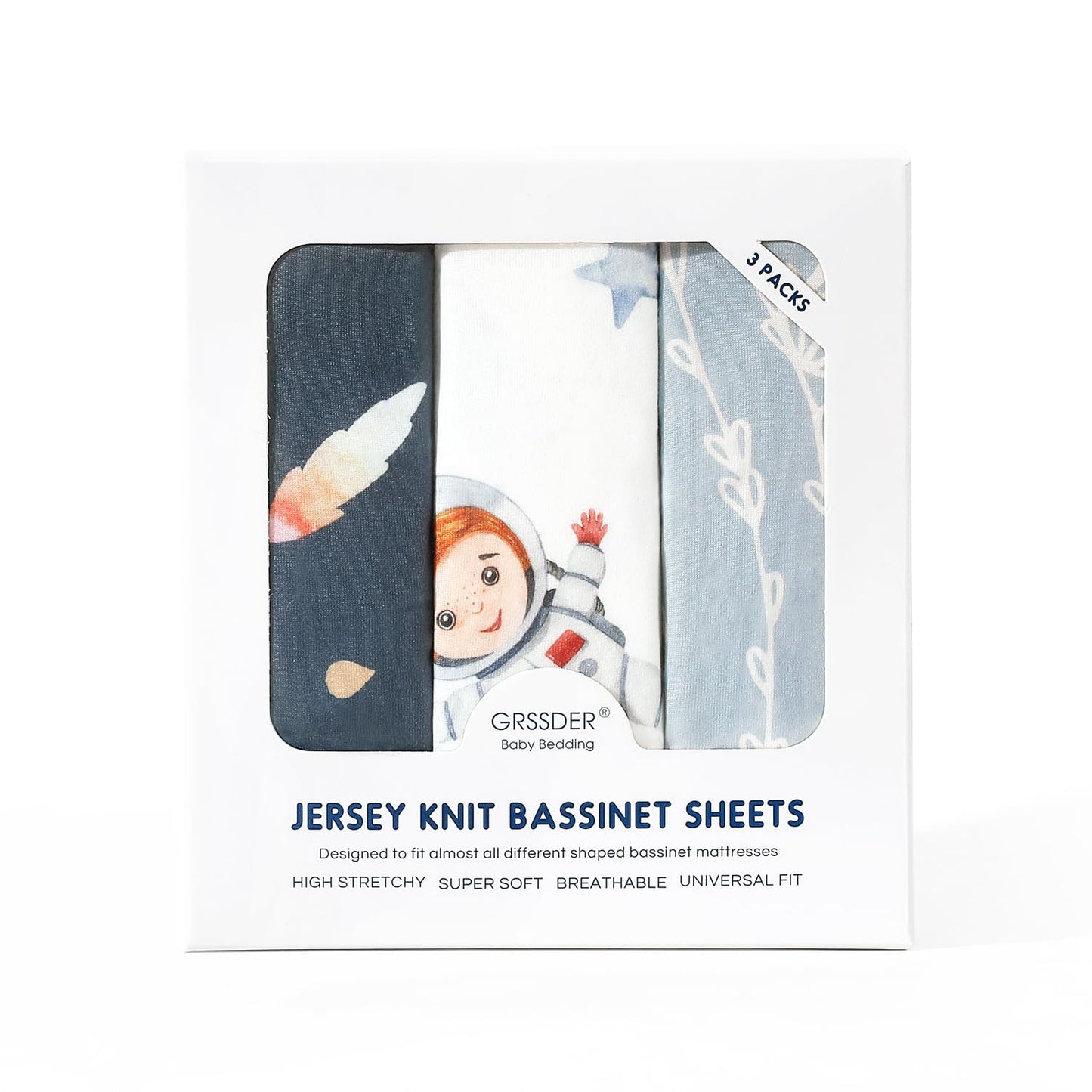 GRSSDER Stretchy Ultra Soft Fitted Bassinet Sheets 3 Pack, Universal Fit for Baby Cradle Moses Basket Oval Rectangle Mattress Safe and Snug, Space Print
