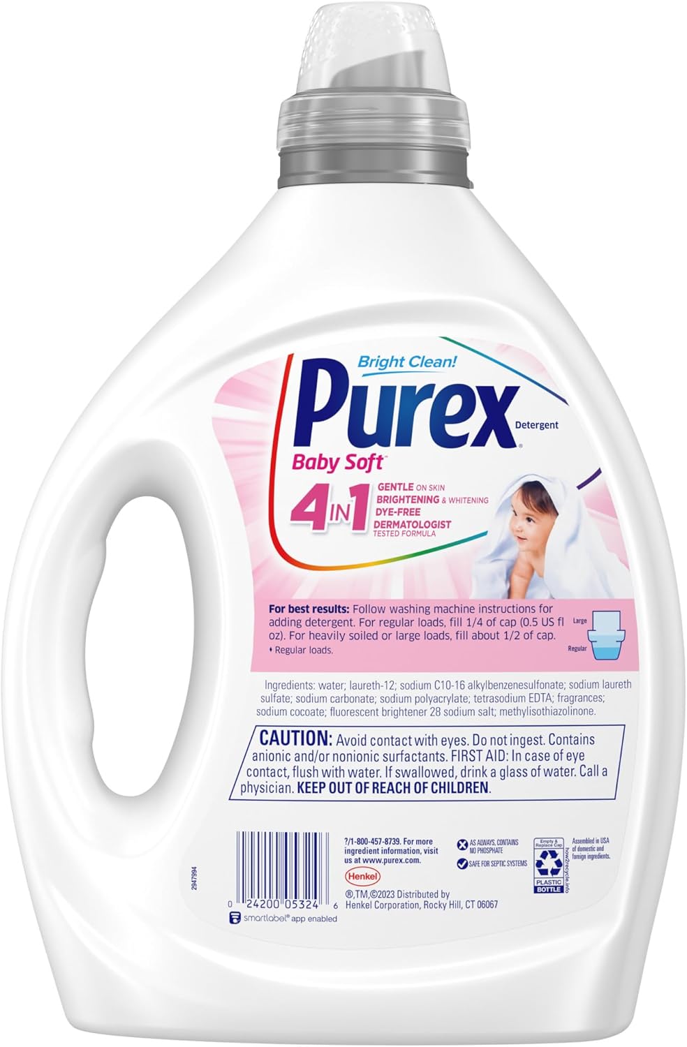 Purex Baby Laundry Detergent Liquid, Ultra Concentrated, 82.5 fl oz, 165 Loads, Hypoallergenic, Dye Free, Gentle on Skin