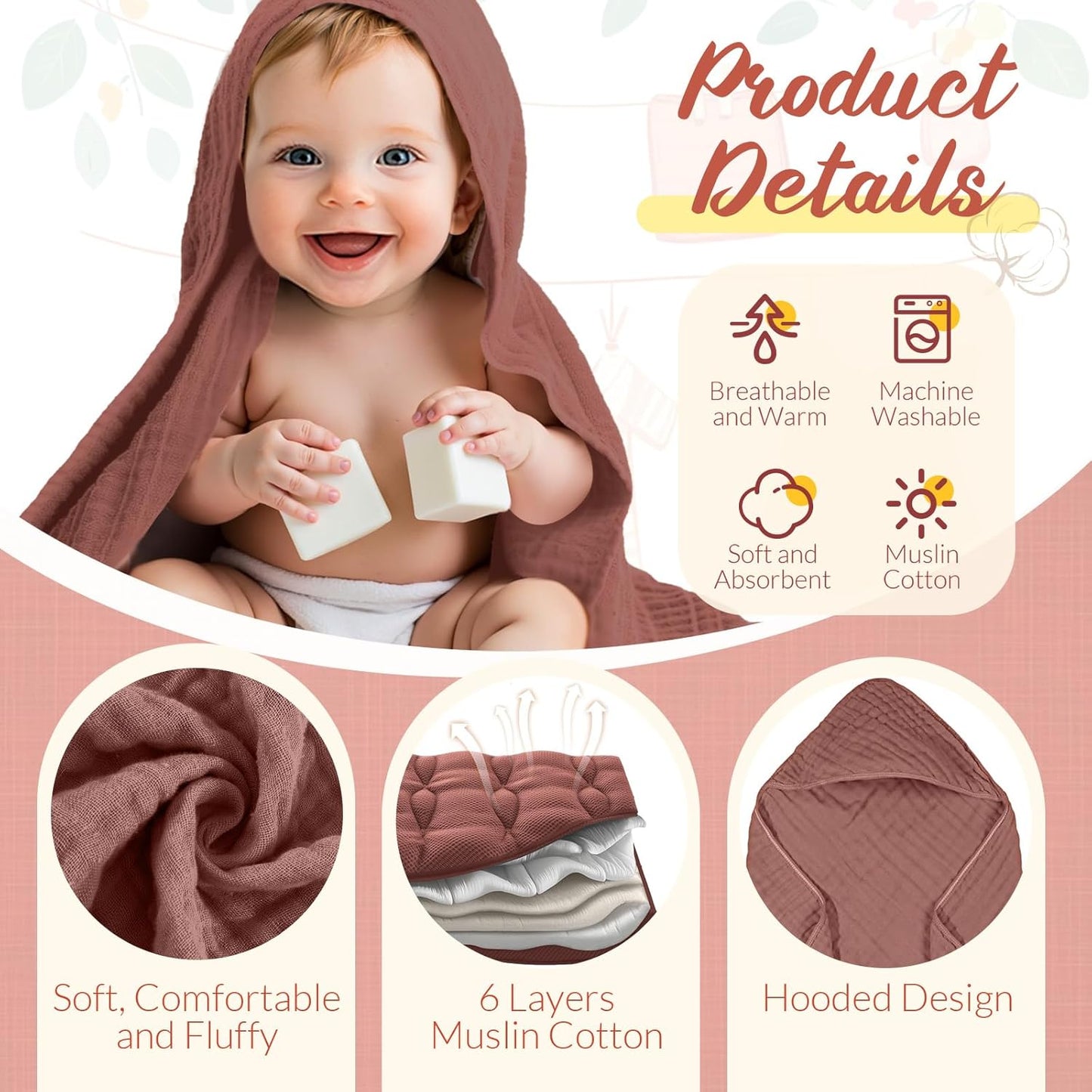 VitalCozy 12 Pcs Baby Muslin Hooded Bath Towels and Washcloths, 32 x 32 Inch Muslin Hooded Baby Towels Absorbent Blankets for Gift Newborn Infant Shower (Girl Style)
