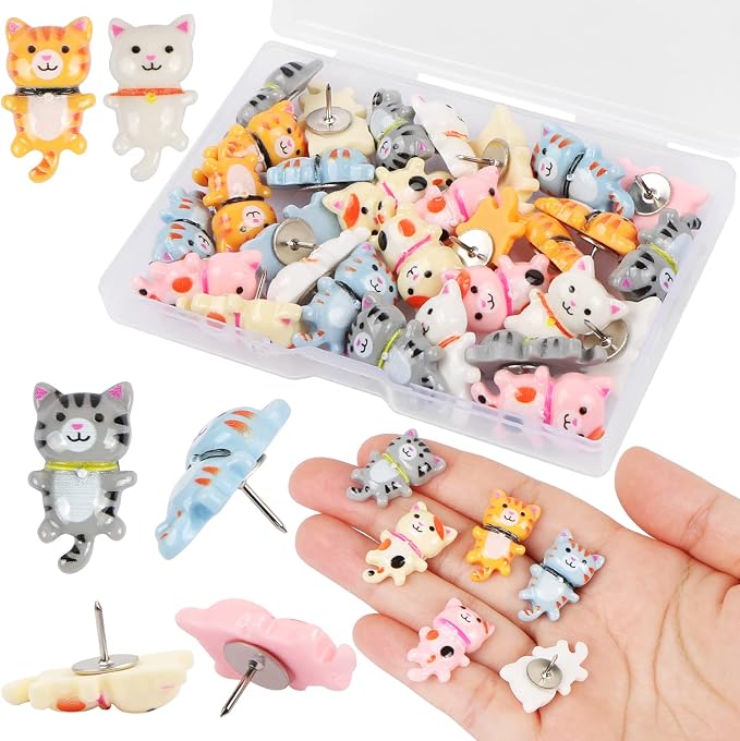30 Pcs Cute Cat Push Pins, Resin Cat Push Pins Decorative Animal Thumb Tacks