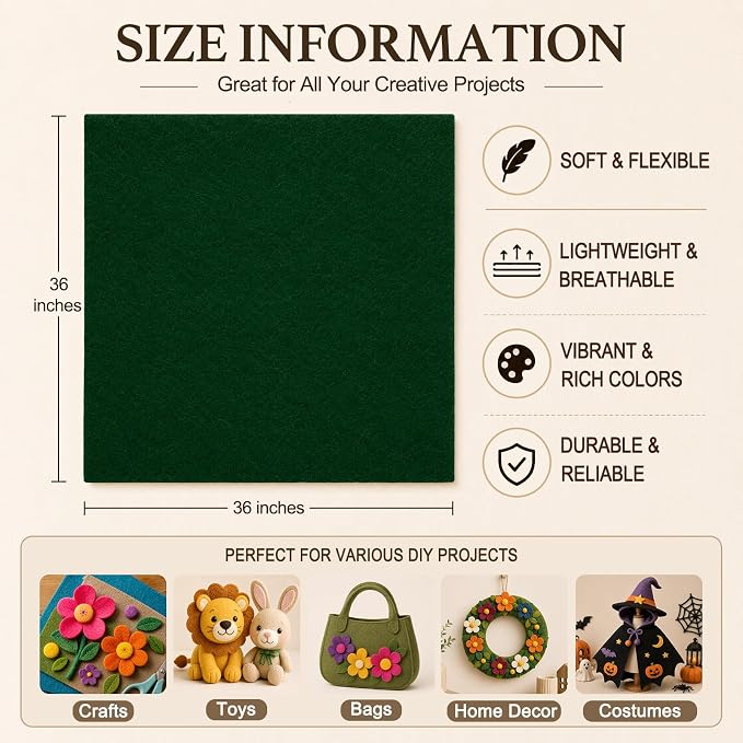 Hunter Green Large Felt Fabric 36" x 36", 1.4 mm Soft Felt Sheet, Nonwoven