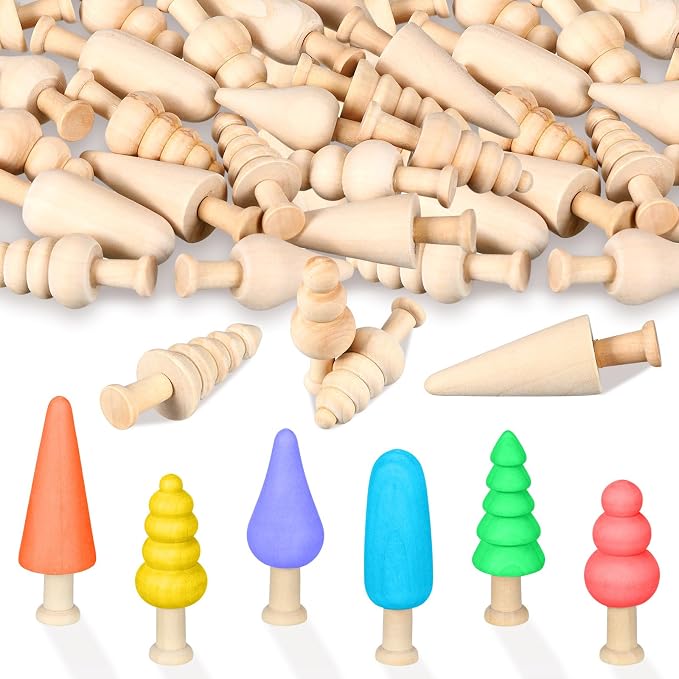 Hiboom 24 Pcs Mini Unfinished Wood Christmas Tree Wooden Blank Craft Supplies