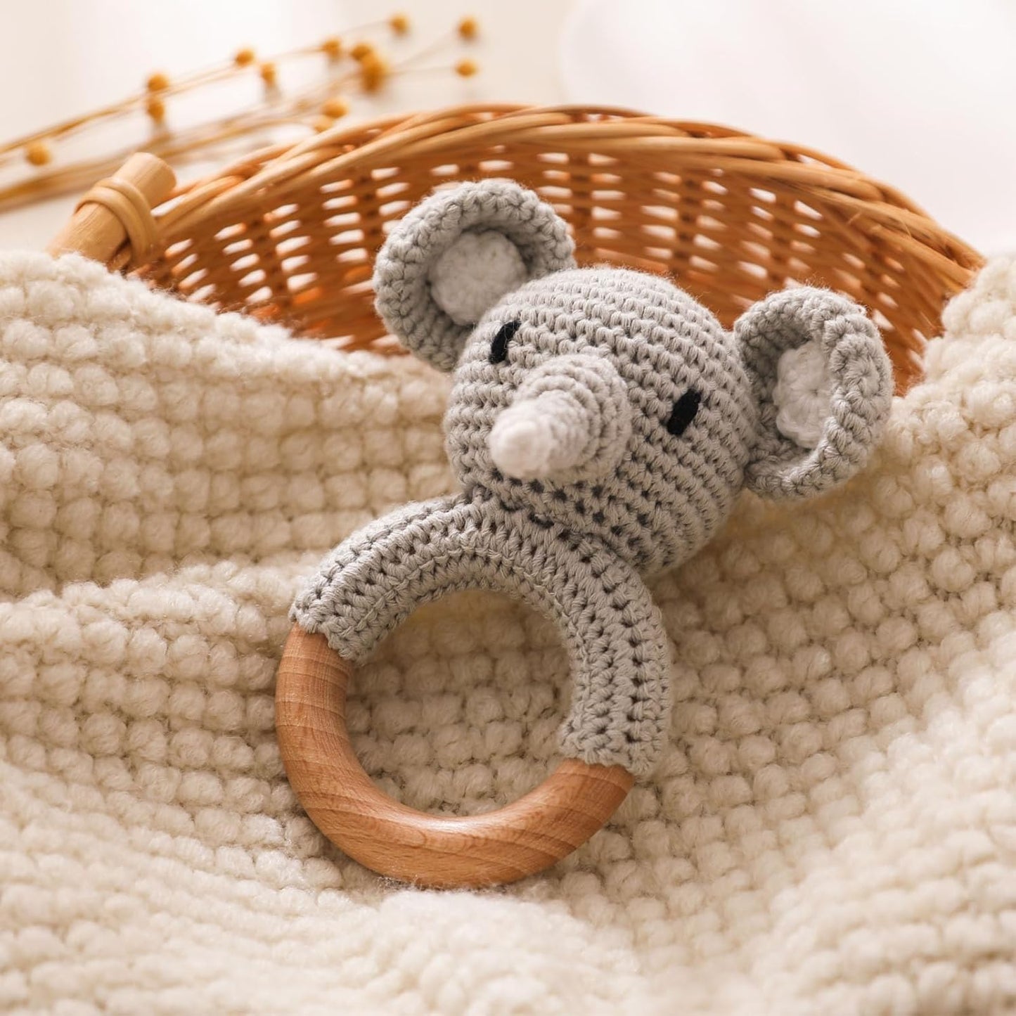 Wooden Baby Rattle，Crochet Elephant Rattle with Wood Ring, Newborn Wooden Animal Rattle Toy，Infant Elephant Wood Rattle Toys