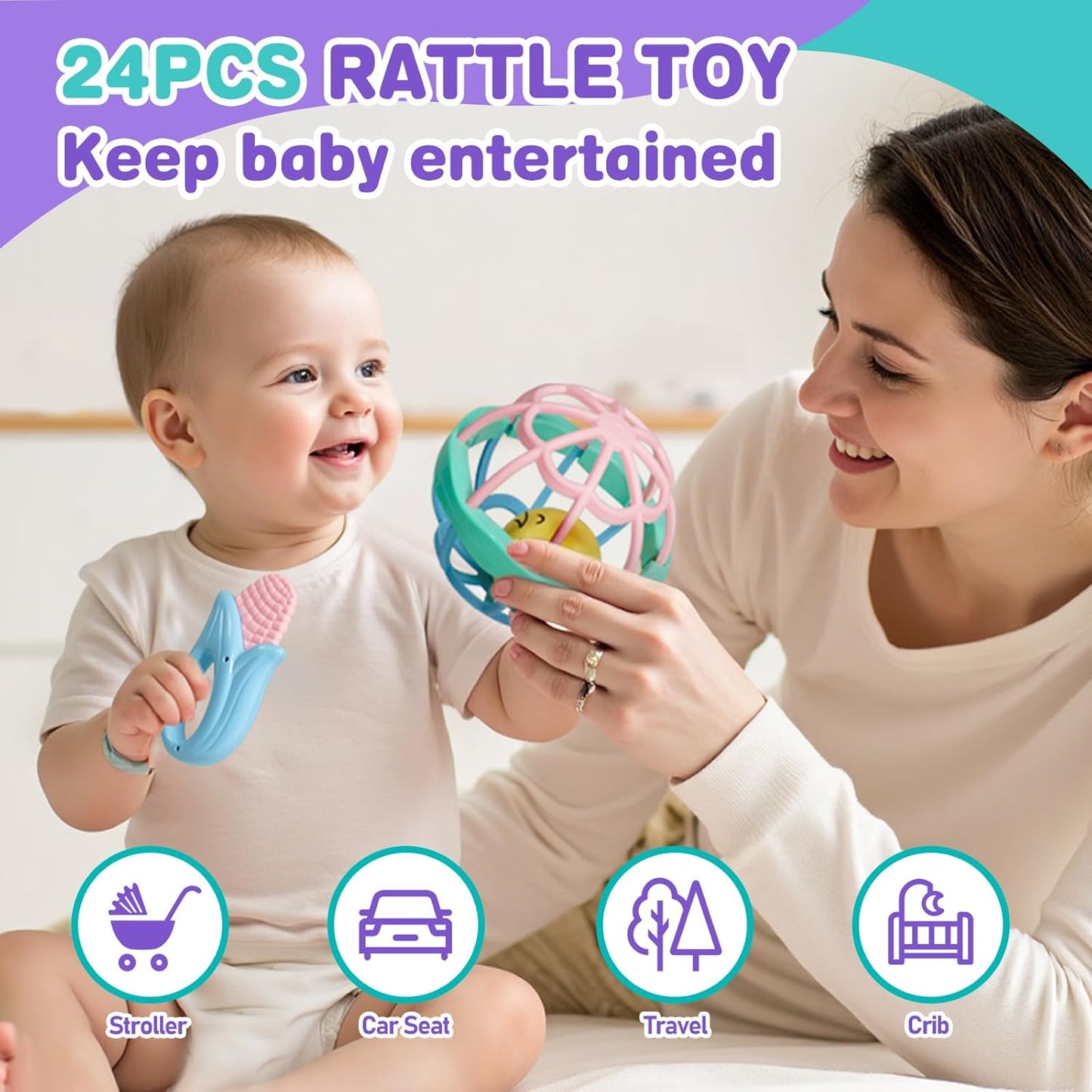Baby Rattles 0-6 Months,Infant Sensory Teething Toys Set for 3-6 Months with Wrist Socks,Learning Developmental Toys,Perfect Baby Gift for 6-12 Months Newborn Boys Girls (Purple Rattle Set)