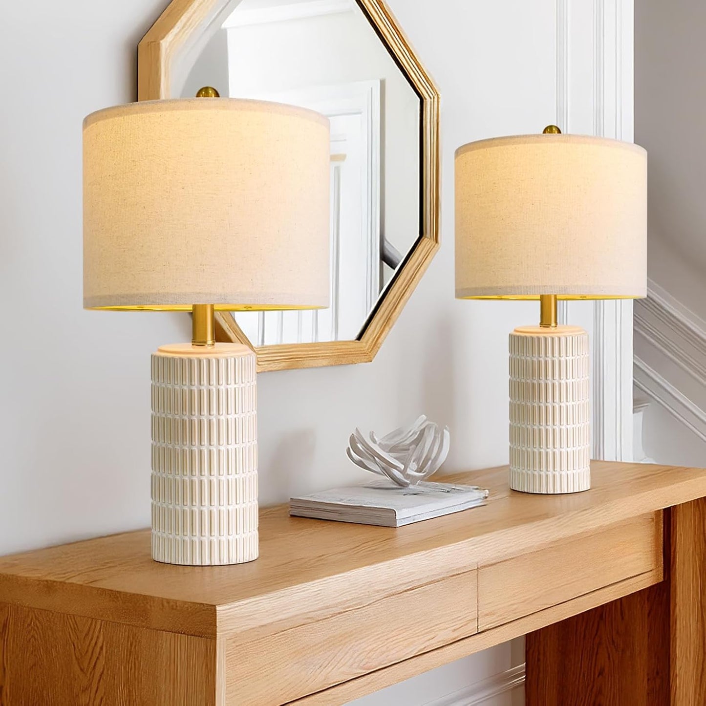 PoKat 20.75" Small Modern Ceramic Table Lamps Set of 2 for Bedroom, White Bedside Lamps for Night Stands, Farmhouse Desk Decor Nightstand Table Lamps for Living Room End Table Beige