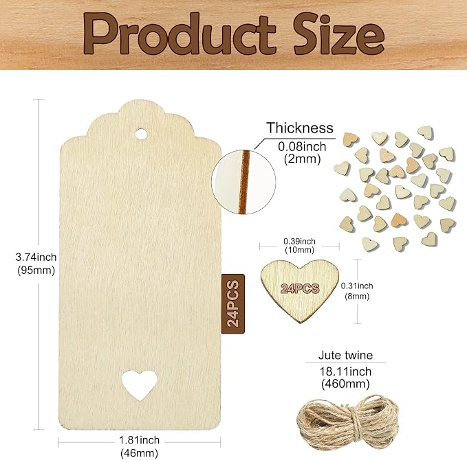 48 pcs Rectangle Theme Unfinished Wood Cutout Bookmarks Coffee Blank Heart Wood