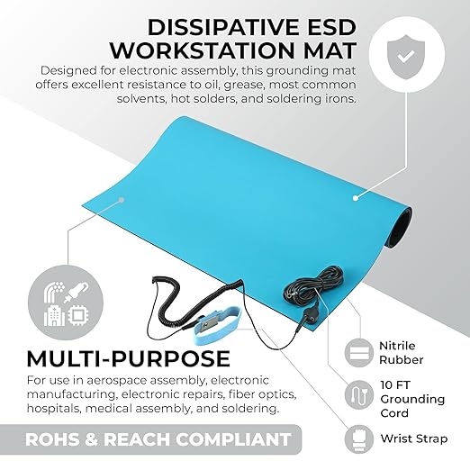 MWRF Source™ ESD Mat Kit with Wrist Strap and Grounding Cord (2 FT x 4 FT, Blue)