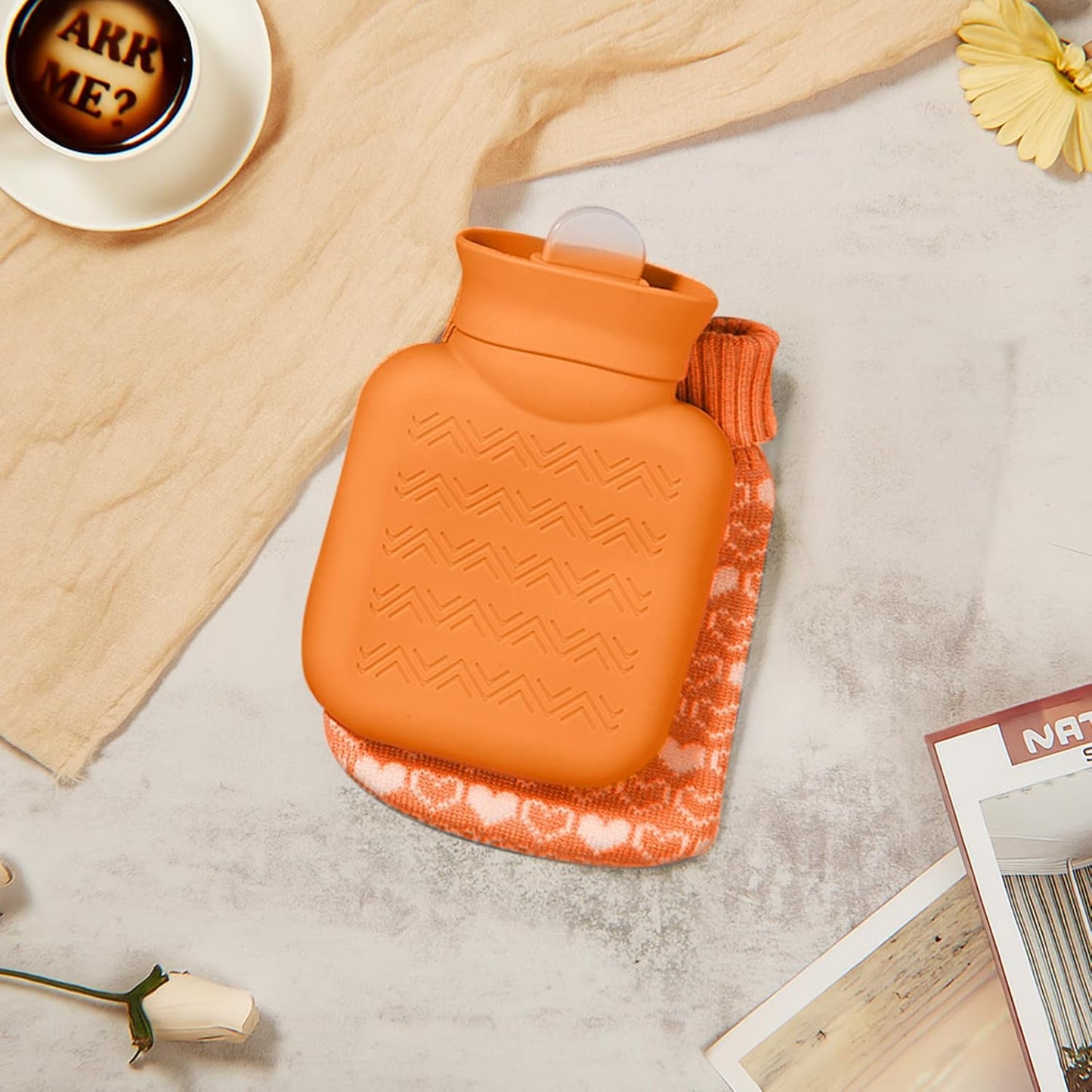 Amylove Mini Hot Water Bottle 320ml for Hot & Cold Compress with Cover Silicone Microwave Heating Small Water Bag for Travel Pain Relief Holiday Gifts(Orange)