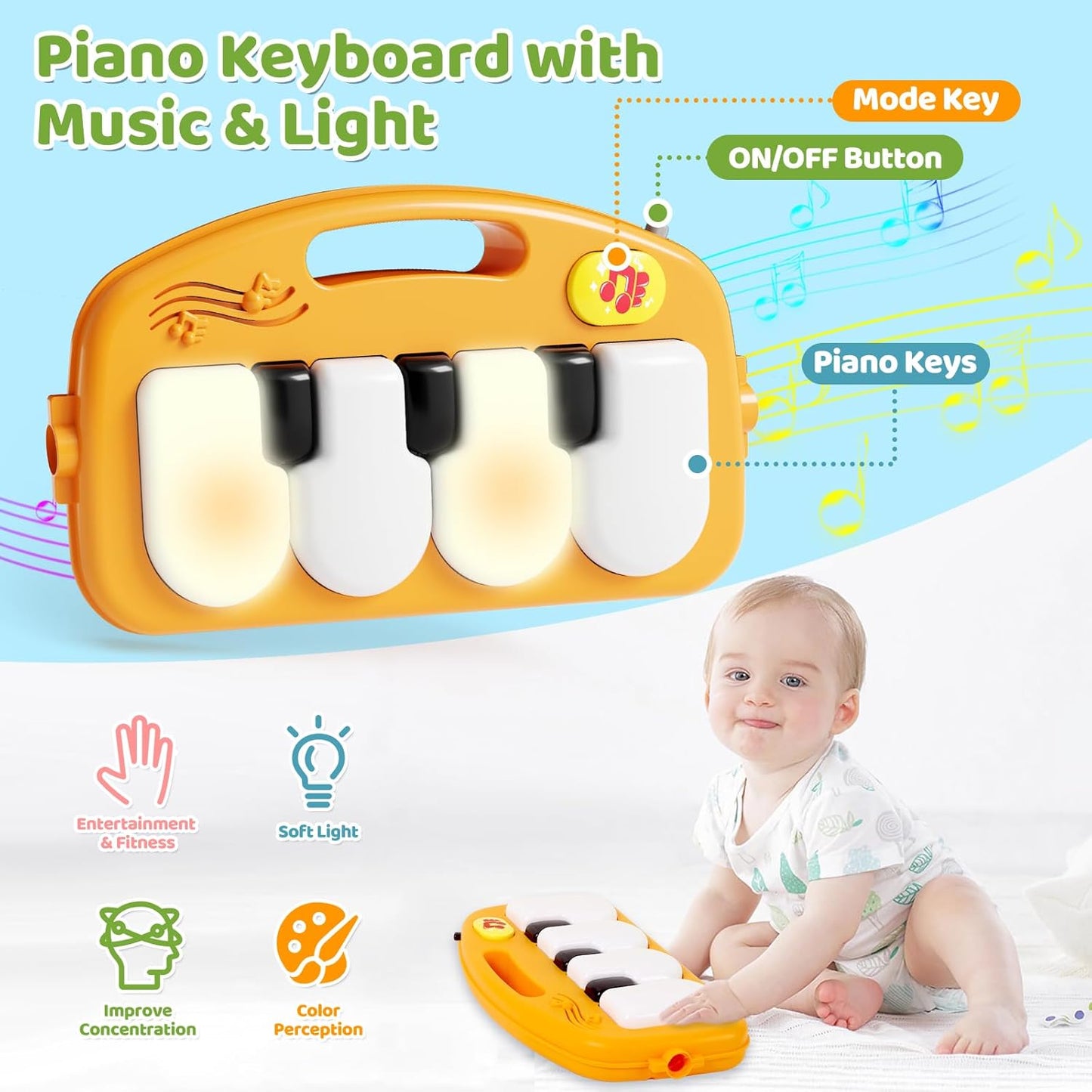 Baby Gym Play Mat with Walker, 2 IN 1 Kick and Play Piano Activity Center with Light & Music, Tummy Time Mat & Baby Push Toys for 0-6 12-18 Months, Sit-to-Stand Learning Walker for Infant Toddler Gift