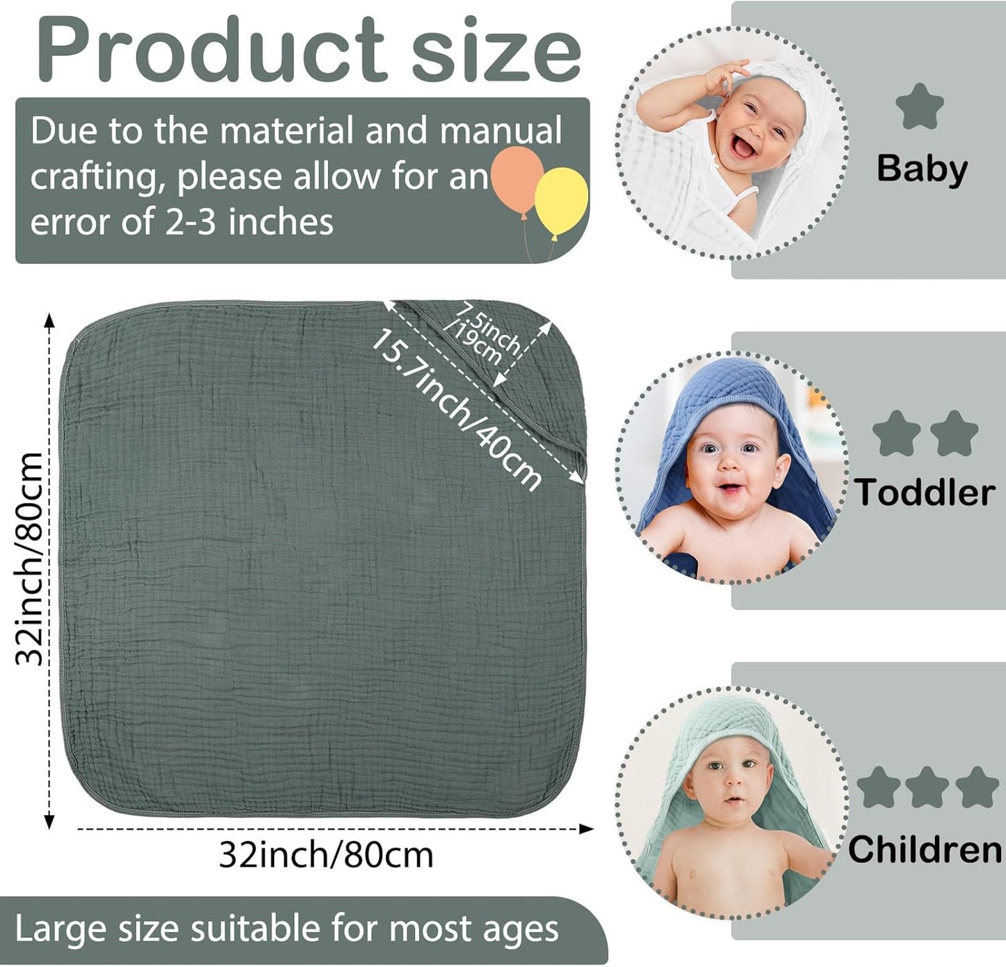 Peryiter 6 Pcs Muslin Hooded Baby Towels, 32"x 32" Cotton Newborn Bath Towel Muslin Infant Baby Blankets Absorbent Unisex Newborn Registry Gift Essentials for Girls Boys (Blue Series)
