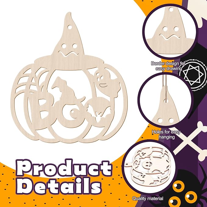 24 PCS Unfinished Wooden Halloween Crafts, Pumpkin Shaped Hanging Ornaments DIY