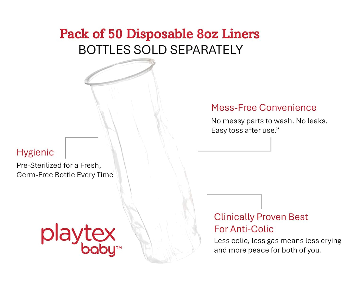 Playtex Baby Nurser Pre-Sterilized Disposable Drop-Ins Baby Bottle Liners, 8 Oz (50 Count), Anti-Colic, Gas Reduction, Easy to Clean, Closer to Breastfeeding, Perfect for Travel and On The Go