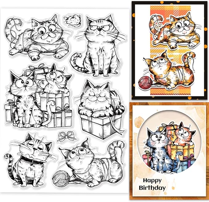 GLOBLELAND Cartoon Gift Cat Clear Stamps Yarn Cat Clear Stamps Pet Cat Silicone