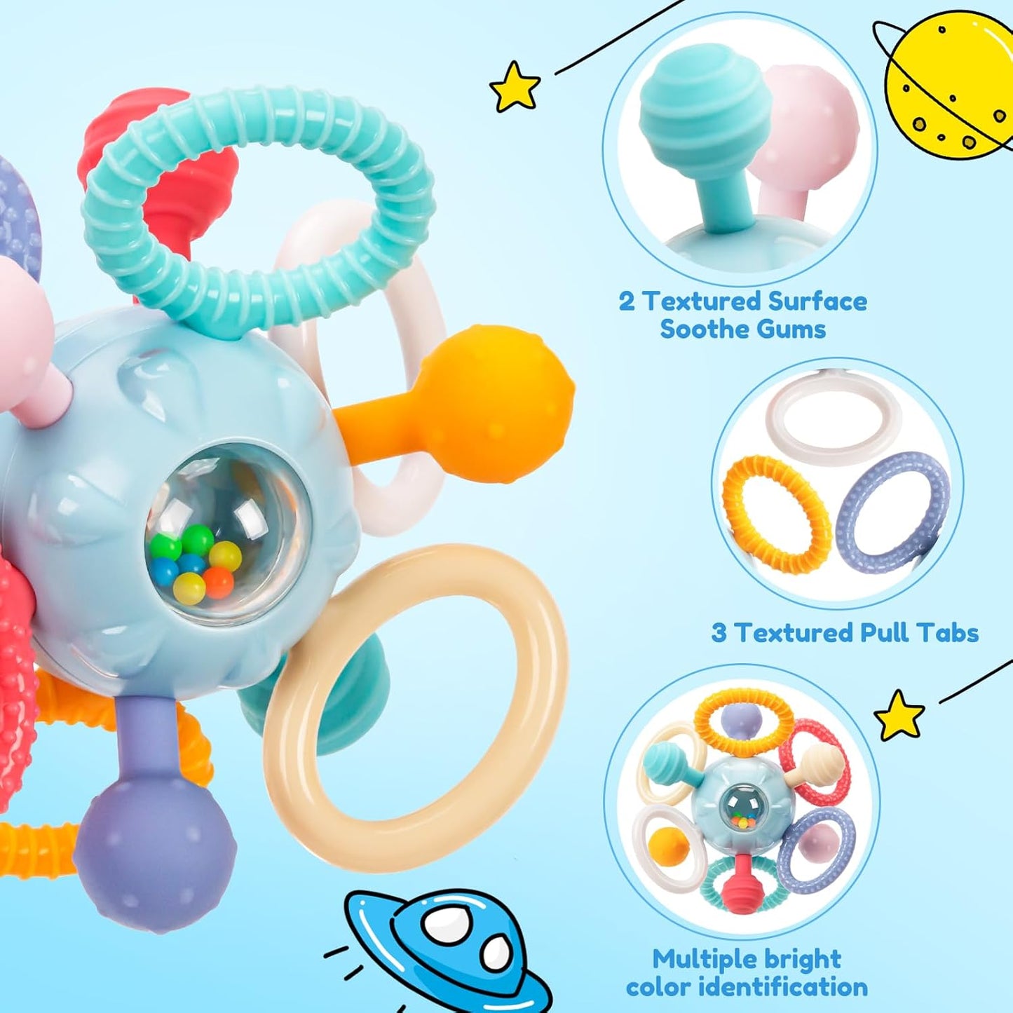 Baby Teething Toys for 0-6 6-12 Months, BPA Free Food Grade Silicone Teether, Infant Sensory Chew Rattles Toys, Gifts for Infant Newborn Boys Girls 0 3 6 9 12 18 Months, Blue