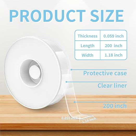Heavy Duty Double Sided Tape, 1.18 x 200 in, 2 Pack | Removable washable nano
